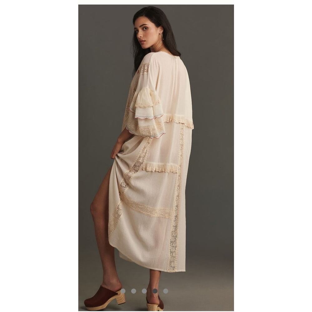 NEW By Anthropologie Embroidered Sheer Kaftan Dress One Size Color: Ivory Combo - Picture 4 of 11